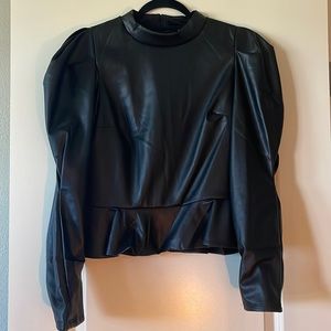 Express Faux Leather Mock Neck Puff Sleeve Peplum Top